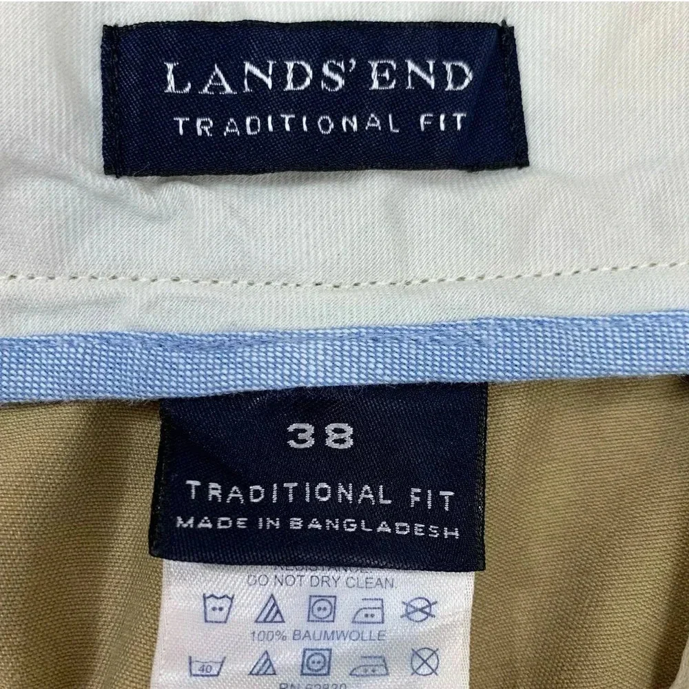 Lands' End Traditional Fit Pleated Chino Pants Men Size 38 Khaki Straight Leg
